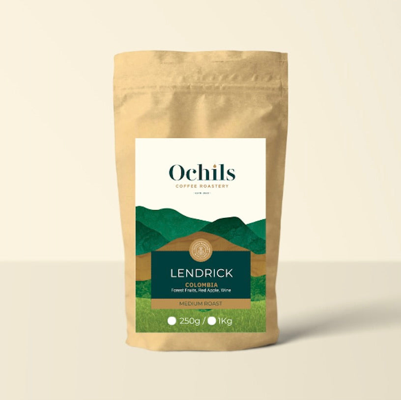 Ochils Lendrick coffee package on a beige background